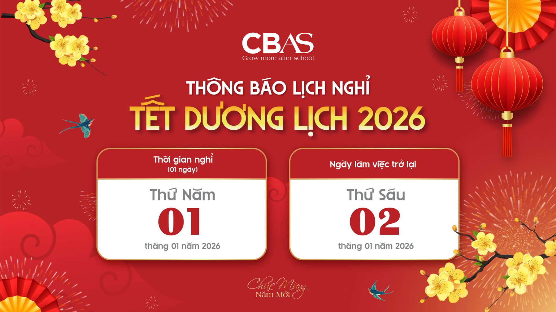 THÔNG BÁO LỊCH NGHỈ TẾT DƯƠNG LỊCH 2026
