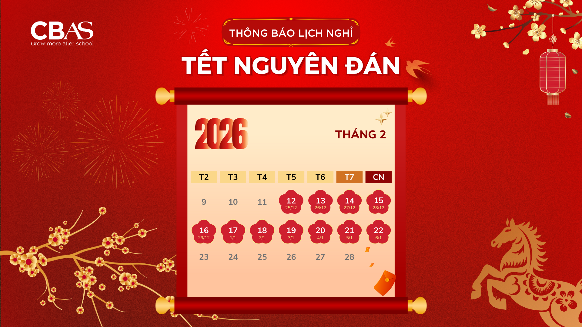 THÔNG BÁO LỊCH NGHỈ TẾT NGUYÊN ĐÁN 2026